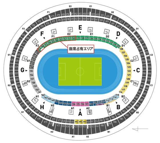 カンセキスタジアムとちぎの座席図。バックスタンドのF側からE側にかけての一部が、赤枠の「座席占有エリア」として示されている。
